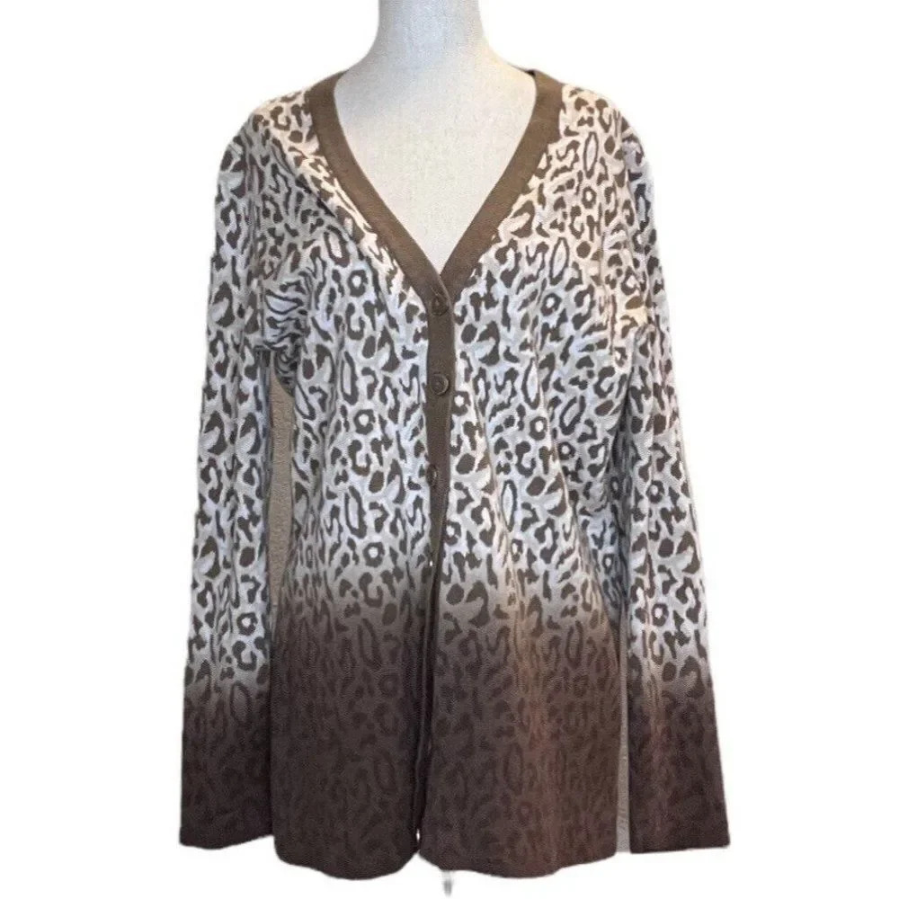 ISAAC MIZRAHI LIVE MEDIUM ANIMAL PRINT 100% COTTON CARDIGAN BUTTON DOWN SWEATER